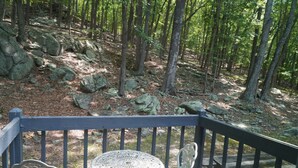 A wooden deck with a table and chairs, surrounded by a forest with rocks and trees. - Poconos Top Rated Resort - Saw Creek Estates (Bushkill)