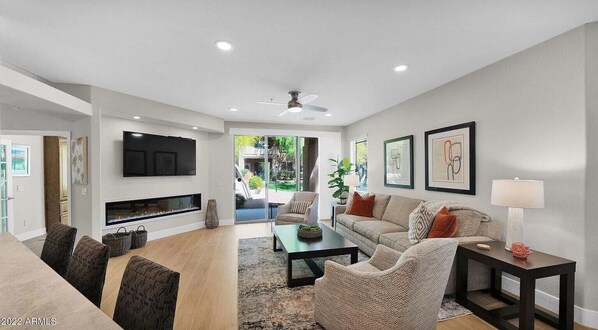 Smart TV, fireplace, video library
