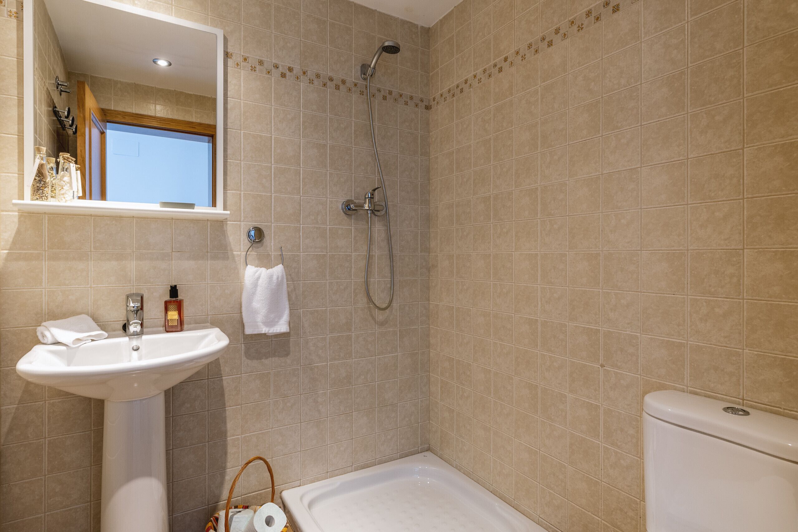 Un baño con lavamanos, inodoro y ducha.