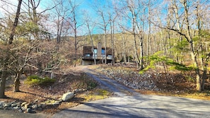 A two-story cabin with a stone chimney, surrounded by a forested area with a gravel driveway leading to the entrance.