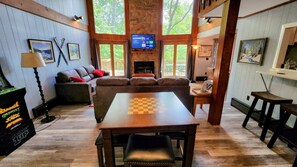 Smart TV, fireplace, video games, books