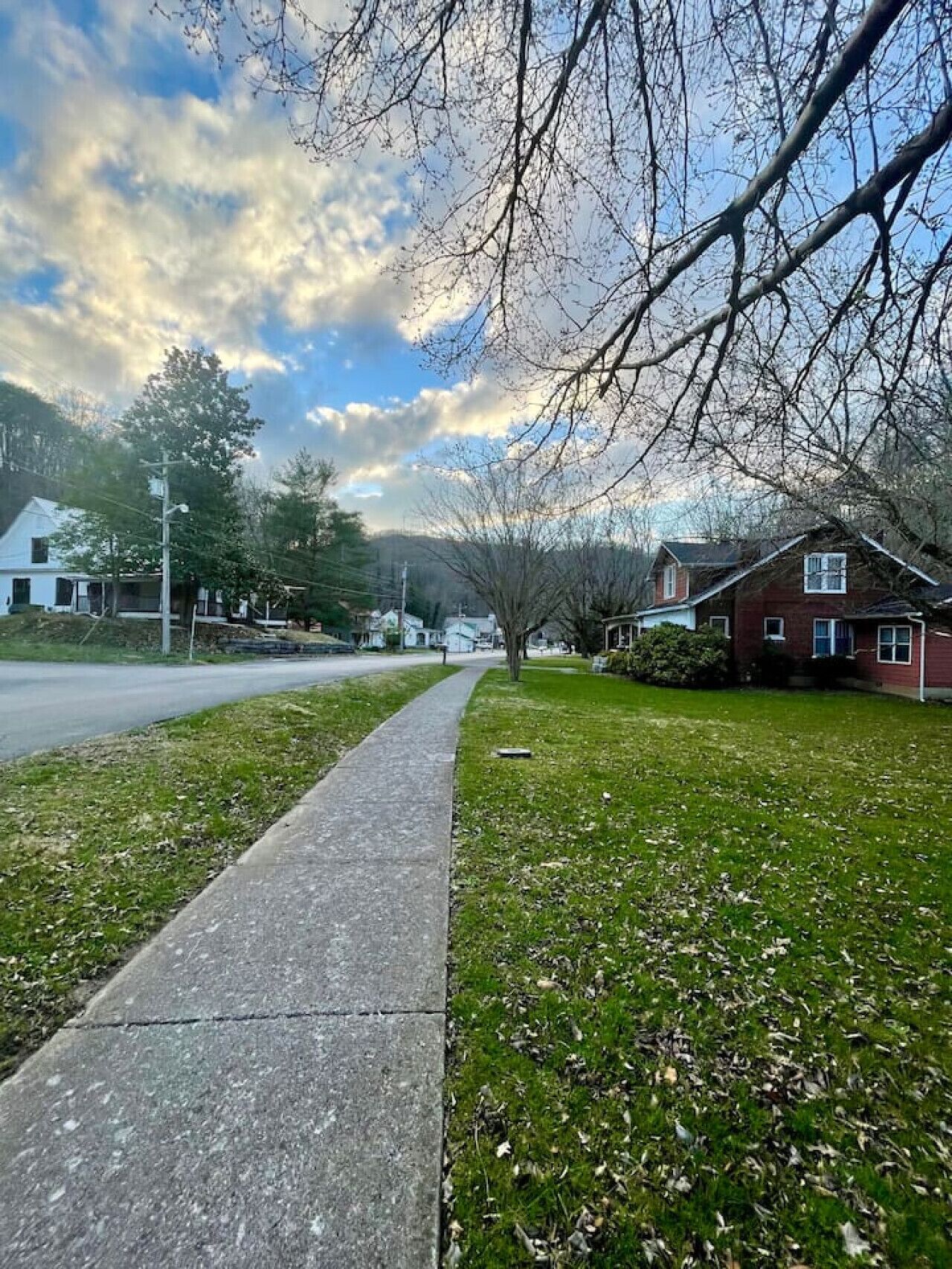 A suburban street with a sidewalk, houses, and trees.