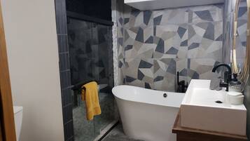 Combined shower/bathtub, hair dryer, towels, soap