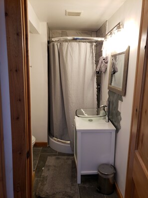 Combined shower/bathtub, hair dryer, towels, soap