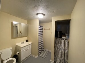 Regadera, secadora de cabello, toallas, jabón 