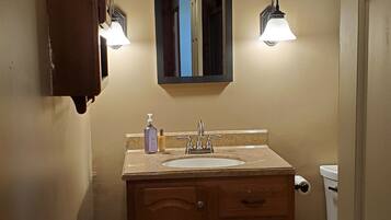 Une salle de bain avec un meuble-lavabo en bois, un évier, un miroir, deux appliques murales, des toilettes et un tapis blanc.