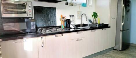 Fridge, microwave, oven, stovetop