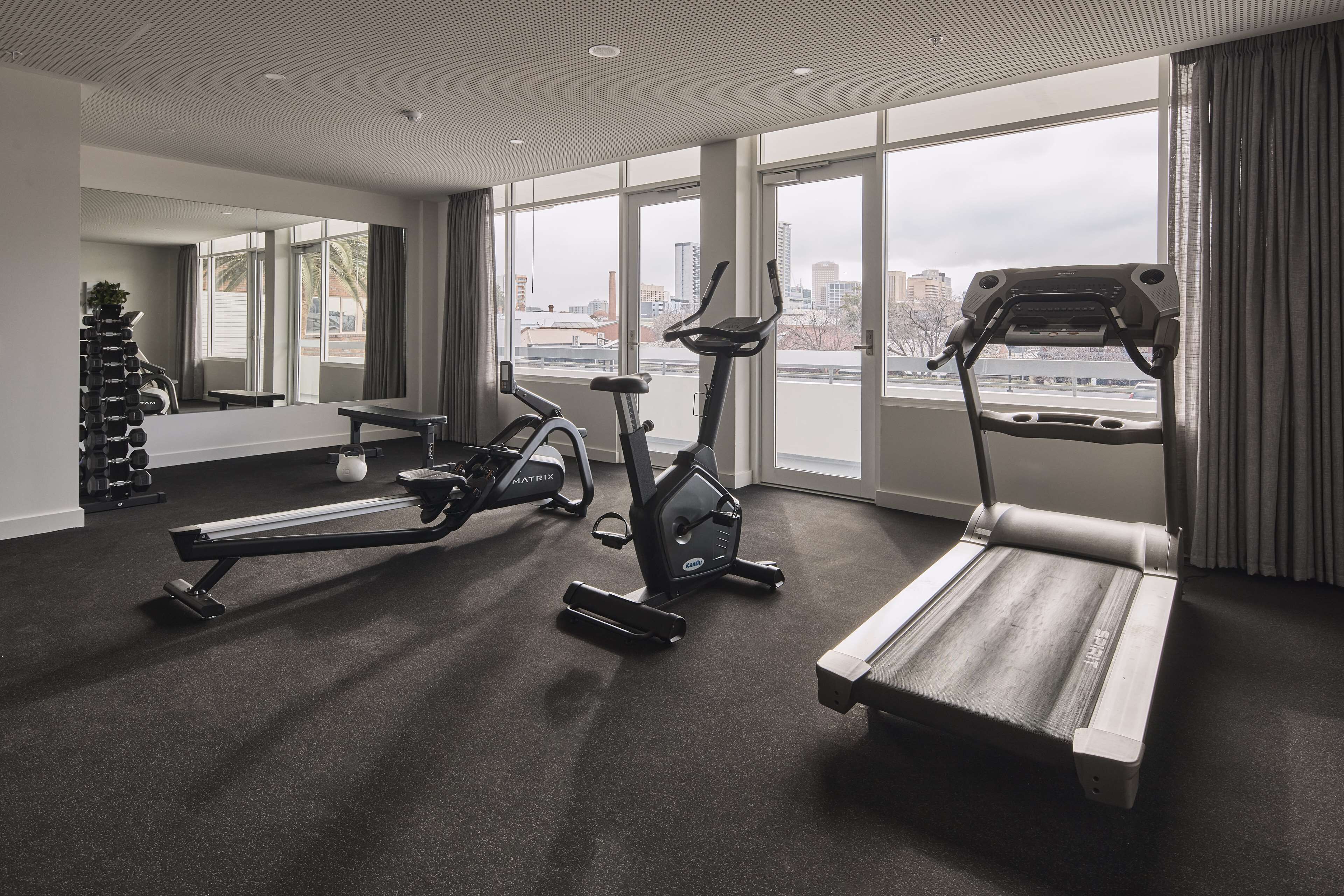 Une salle de sport moderne équipée de tapis de course, d’un vélo elliptique et d’un vélo d’appartement. De grandes fenêtres offrent une vue sur la ville.