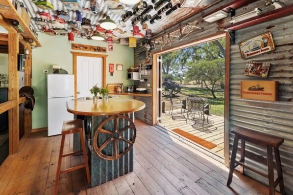 Fridge, microwave, electric kettle, toaster