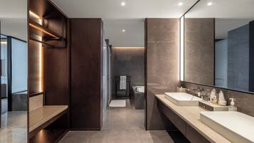 A modern bathroom with two sinks, a large mirror, and a walk-in shower.