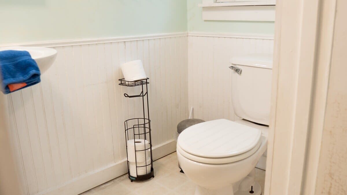 A bathroom with a white toilet, a towel rack with a blue towel, and a toilet paper holder.