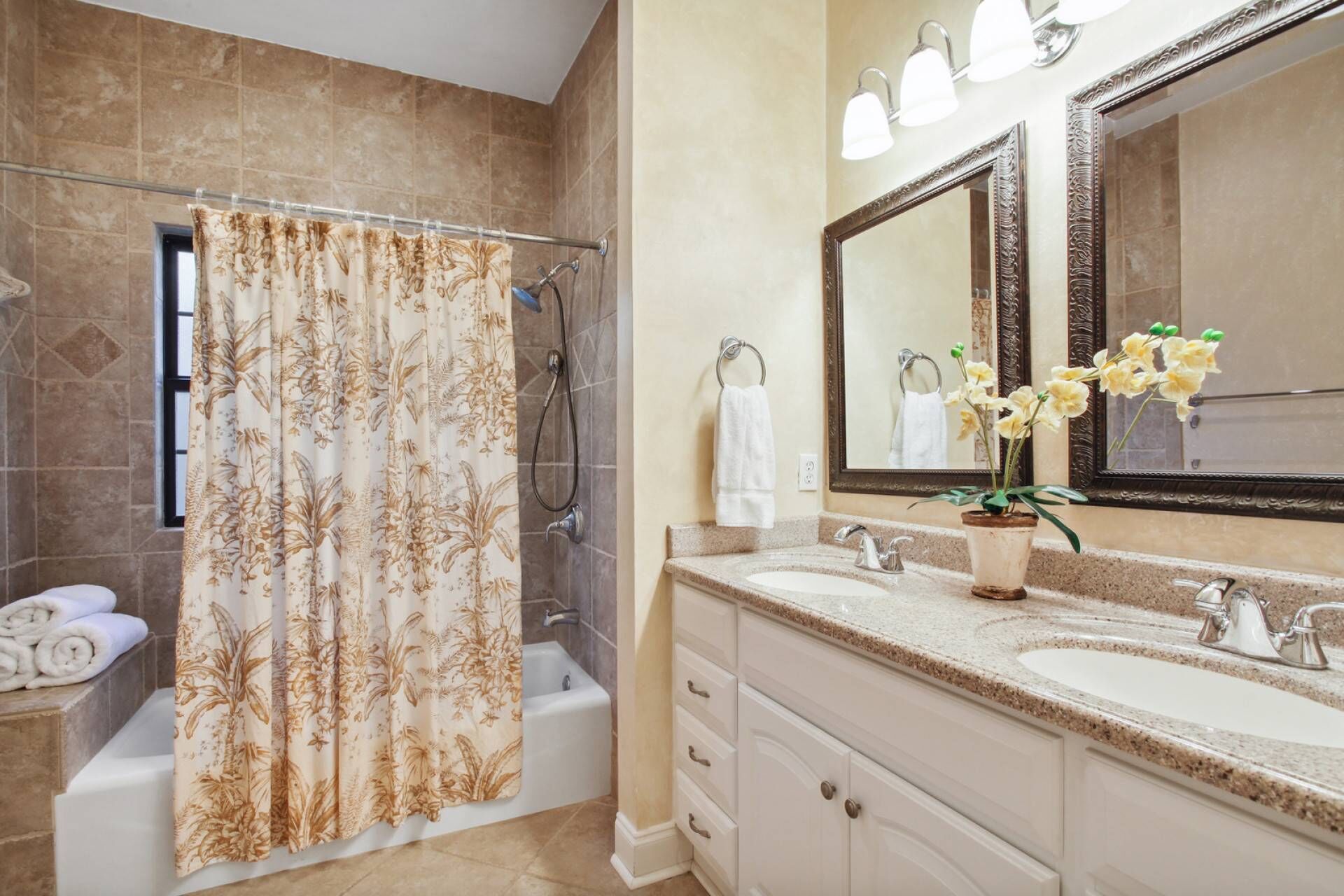 Un baño con cortina de ducha, bañera, lavabo con espejo y una planta en maceta.