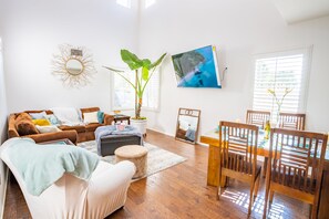 Smart TV, fireplace, books, music library