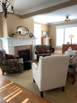 Smart TV, fireplace, books