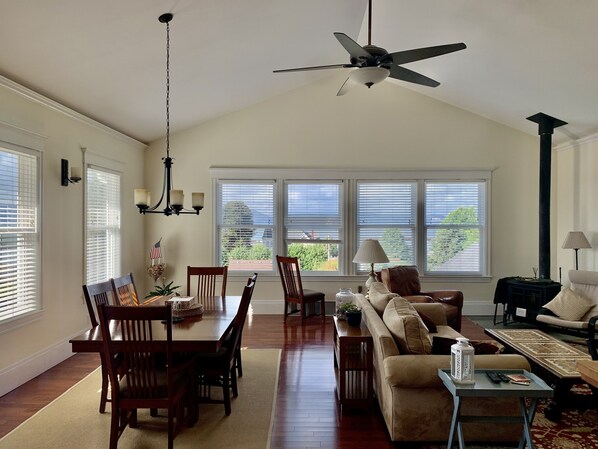 Smart TV, fireplace, books