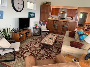 Smart TV, fireplace, books