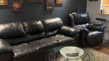 Televisión, chimenea, reproductor de DVD y videoteca