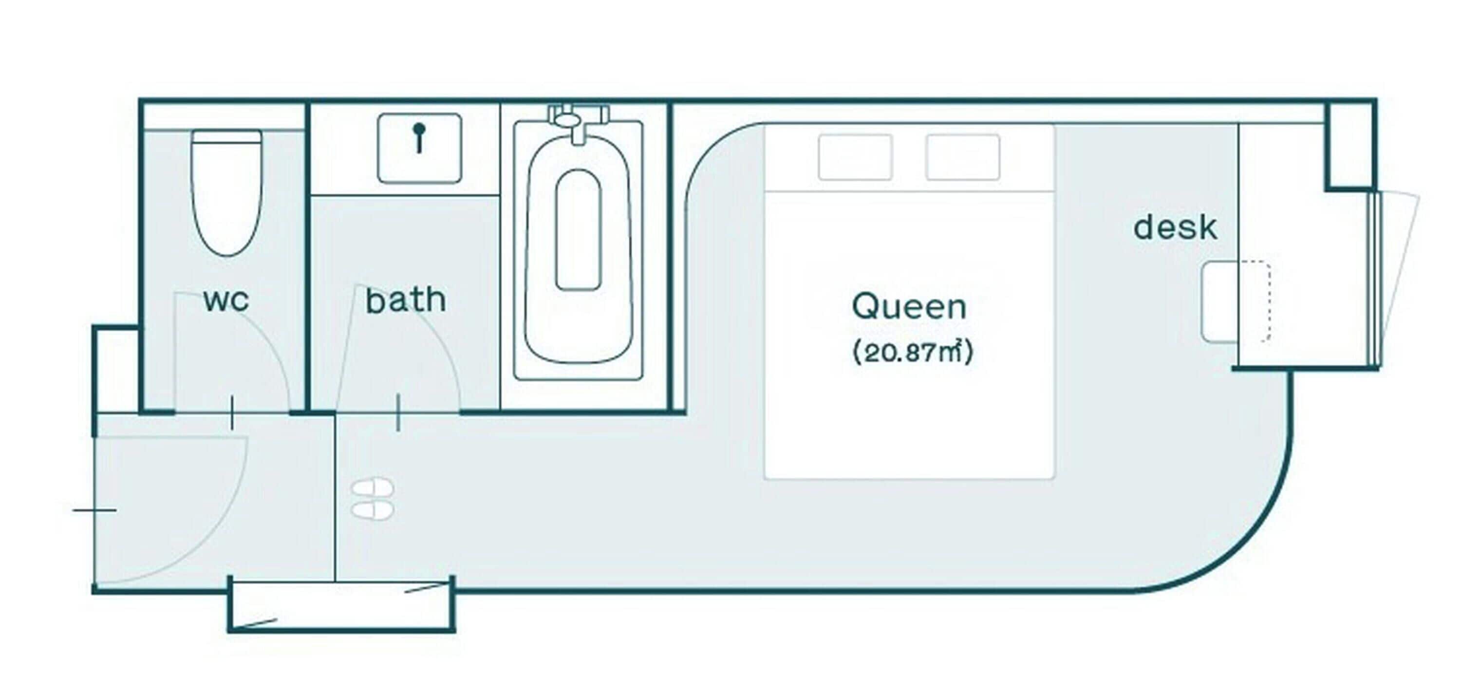 Un plan d’étage indiquant les toilettes, la salle de bain et un bureau, le tout dans une pièce étiquetée « Suite Royale (20,87 m²) ».