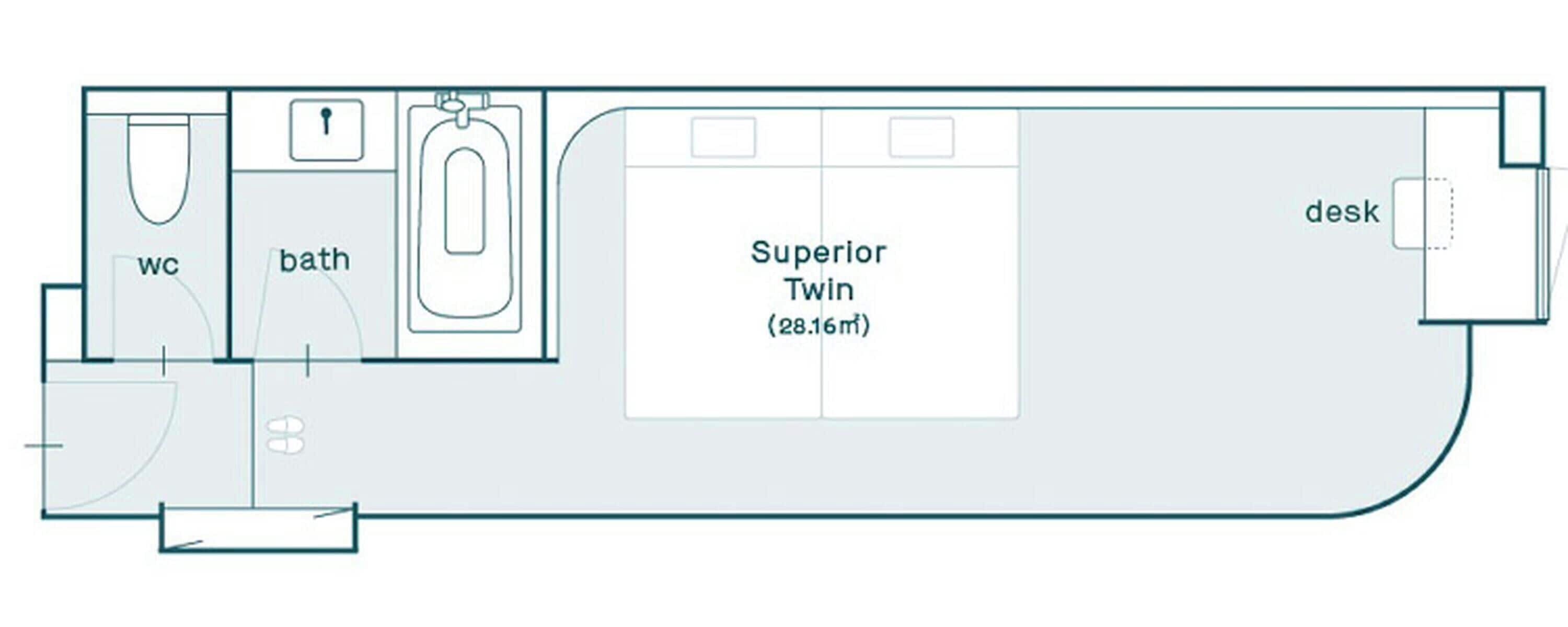A floor plan with a Superior Twin room (28.16 m²), a WC, a bath, and a desk area.