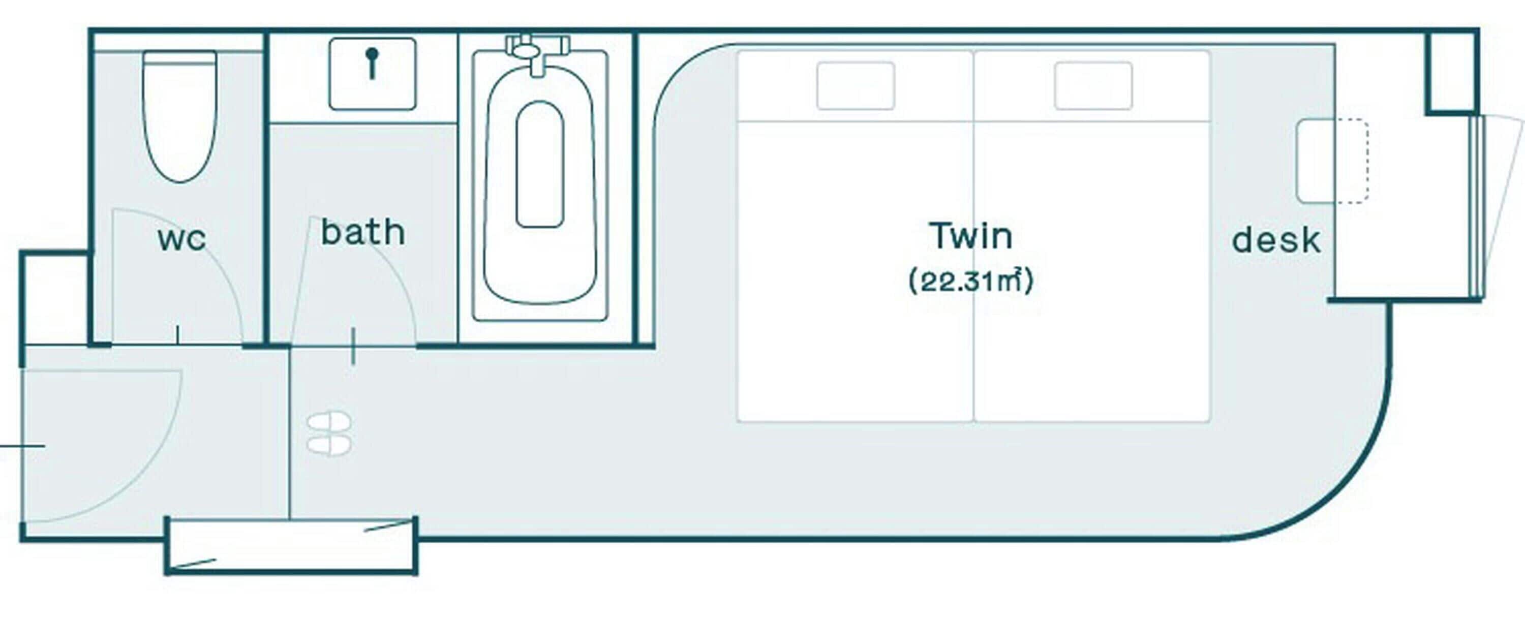 Plano de planta que muestra un aseo, bañera, habitación doble y escritorio.