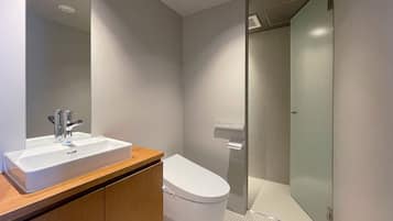 A modern bathroom with a white sink, a toilet, and a glass shower enclosure.
