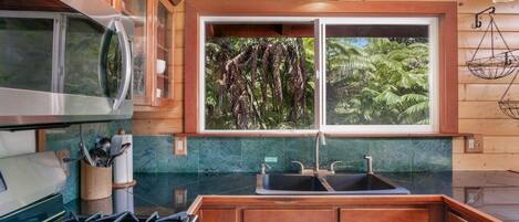 A kitchen with wooden cabinets, a stainless steel microwave, a gas stove, a window with a view of greenery, and a hanging light fixture.