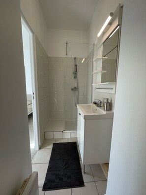 Regadera, secadora de cabello, toallas, papel de baño 