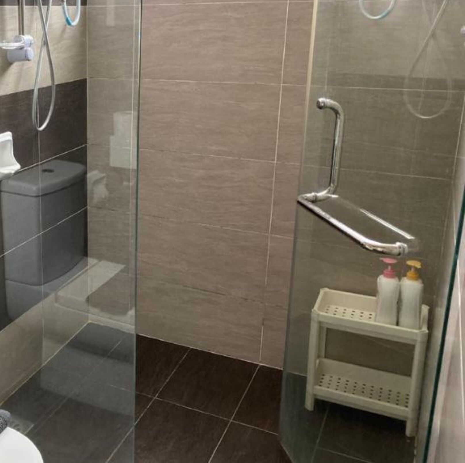 A modern bathroom with a glass shower enclosure, a white sink, and a small shelf with toiletries.