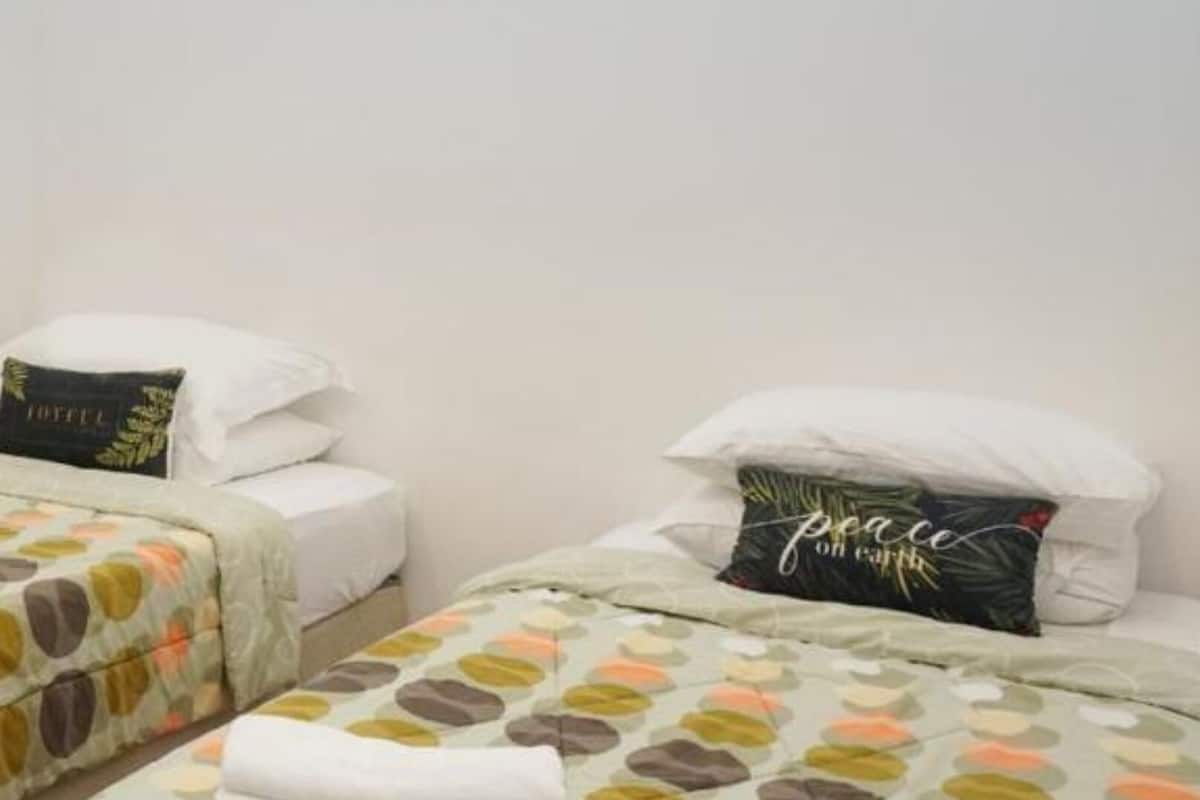 A bedroom with two single beds, each with a pillow and a blanket.