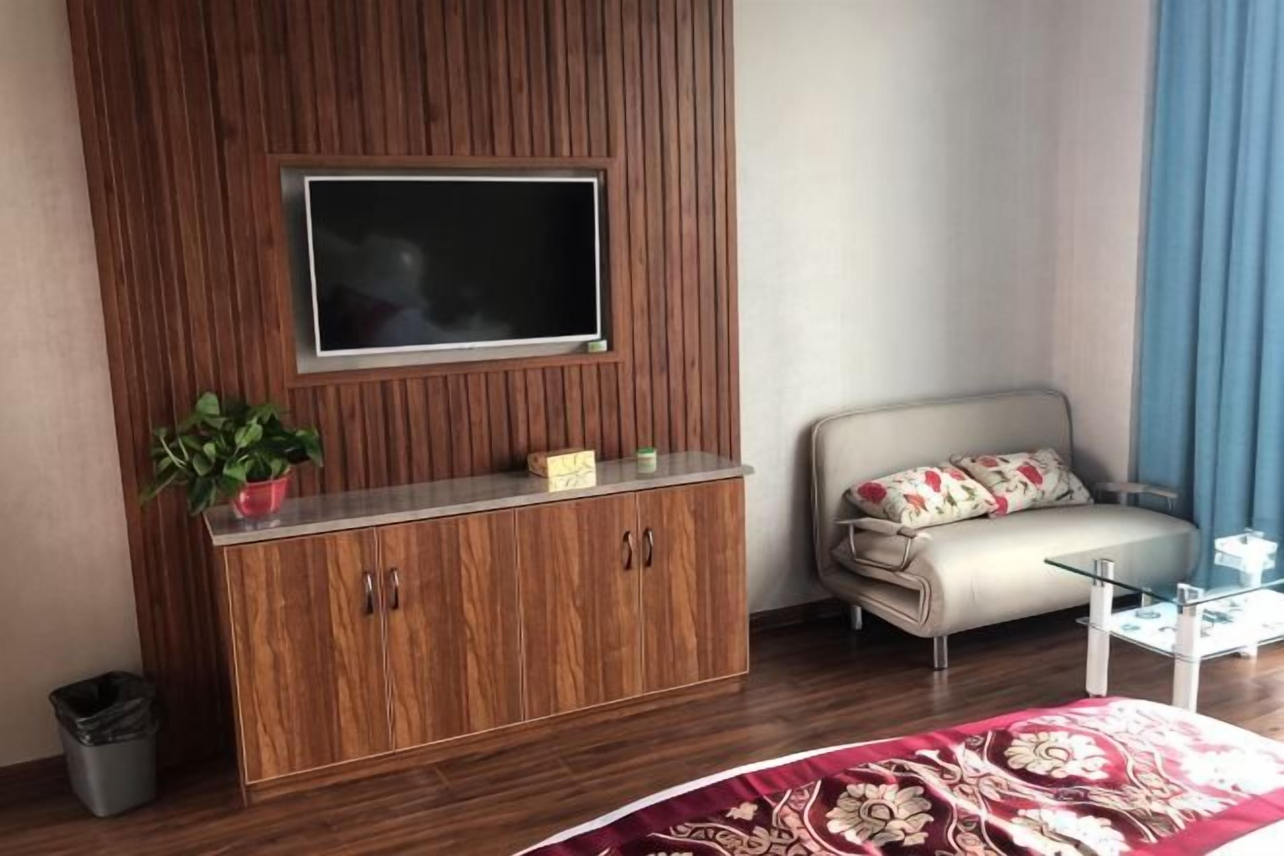 Ein Zimmer mit einem Holzkasten, einem Flachbildfernseher, einem Sofa, einem kleinen Tisch und einer Topfpflanze.