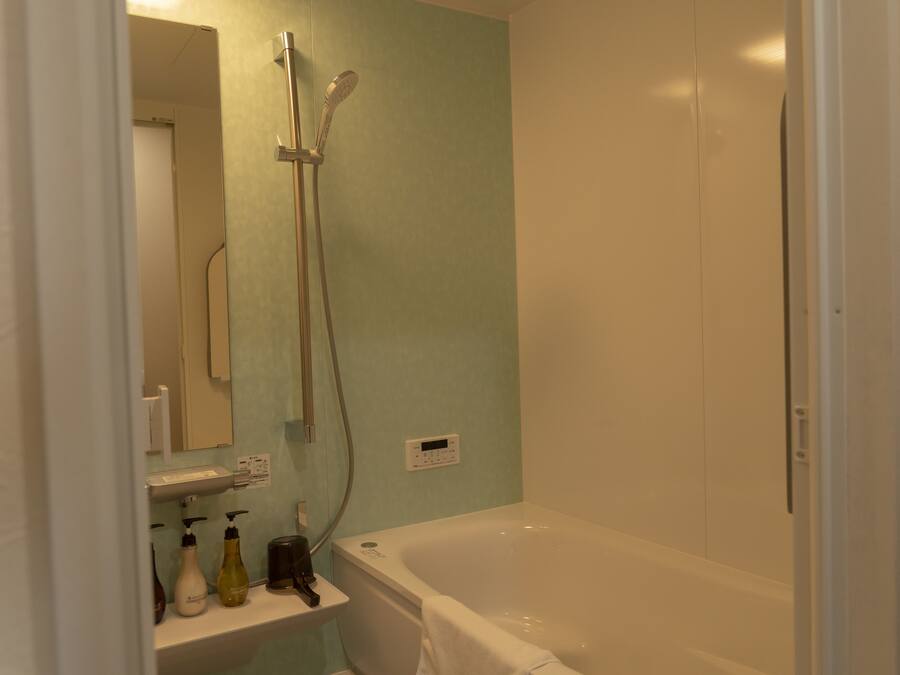 Une salle de bain avec une baignoire, une douche et un miroir.