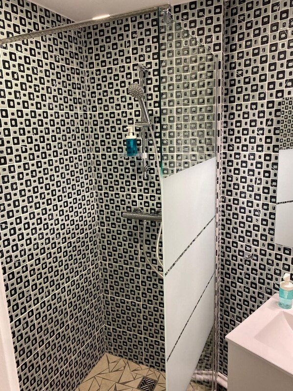 Douche, sĂšche-cheveux, serviettes fournies, papier toilette