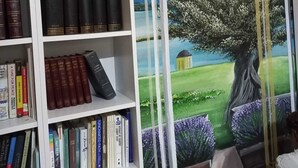 A bookshelf with various books, a window with a painting of a tree and landscape. - Zarbalı Cunda (Ayvalik)