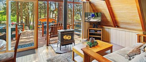 Télévision, cheminée, baby-foot, chaîne hi-fi