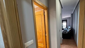 Un couloir avec une porte en bois, un interrupteur et un luminaire au plafond.