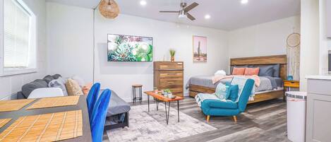 1 bedroom, desk, iron/ironing board, travel cot