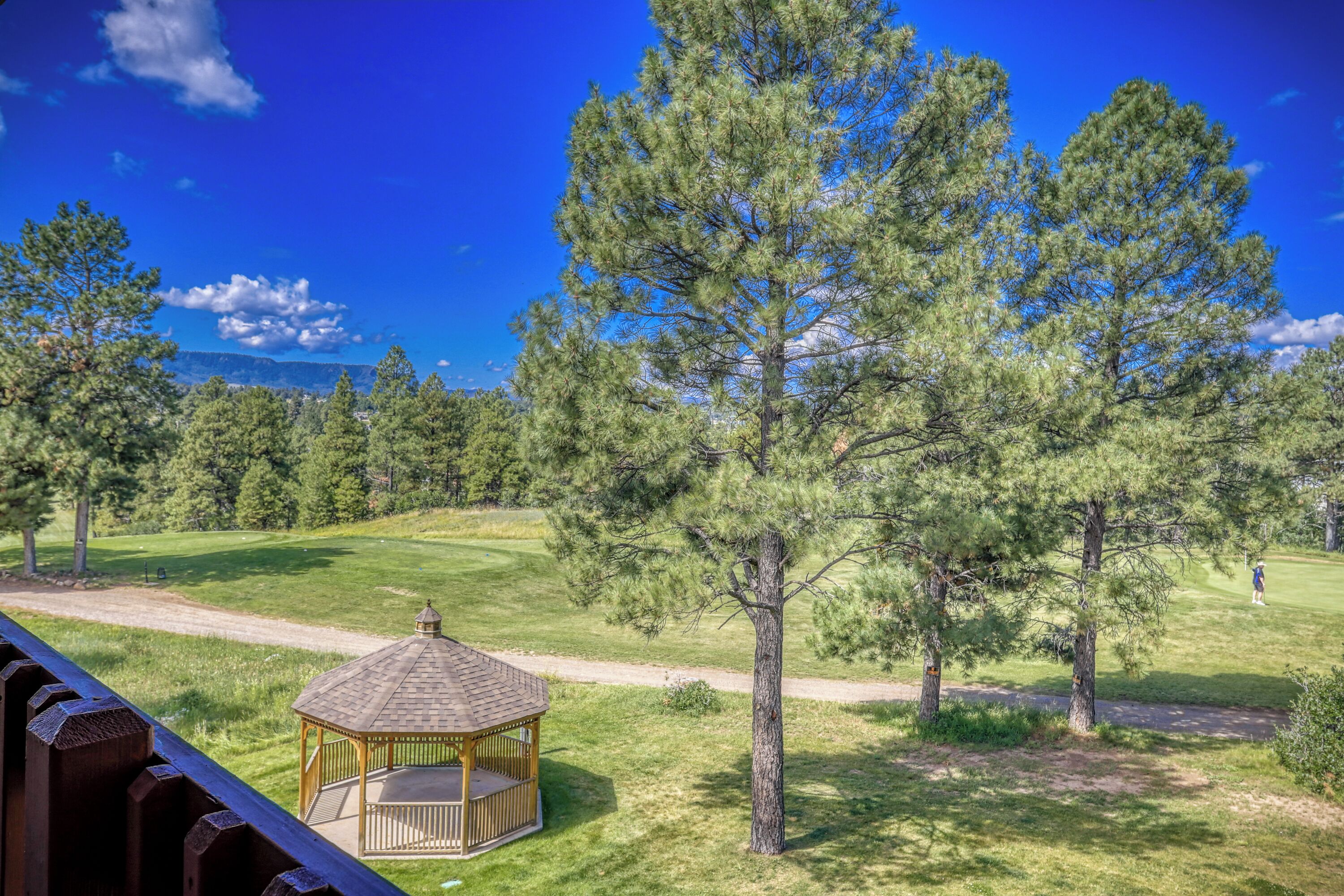 A gazebo with a wooden roof and a bench, surrounded by a grassy area with trees and a clear blue sky.