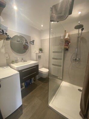 Regadera, toallas, jabón, papel de baño 
