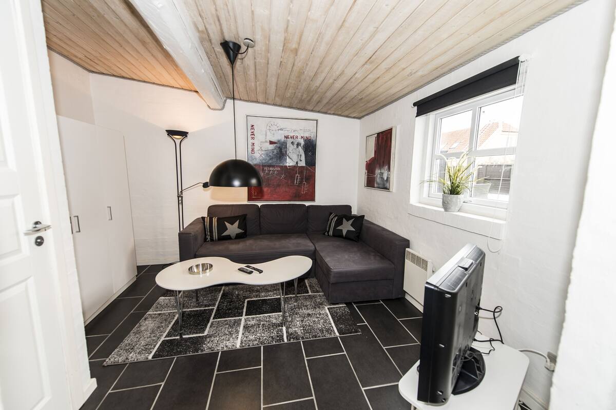 A modern living room with a sectional sofa, a coffee table, a flat-screen TV, and a potted plant by the window.