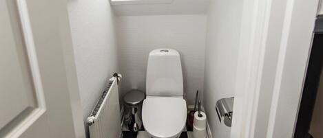 Un baño pequeño y estrecho con piso a cuadros blancos y negros, inodoro blanco, radiador y tragaluz.