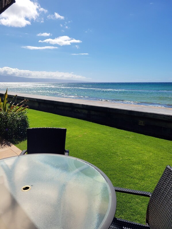 Une terrasse dotée d’une table à plateau en verre, d’un gazon artificiel vert et offrant une vue sur l’océan.