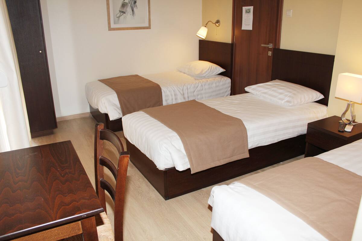 A hotel room with two single beds, a wooden table, and a chair.