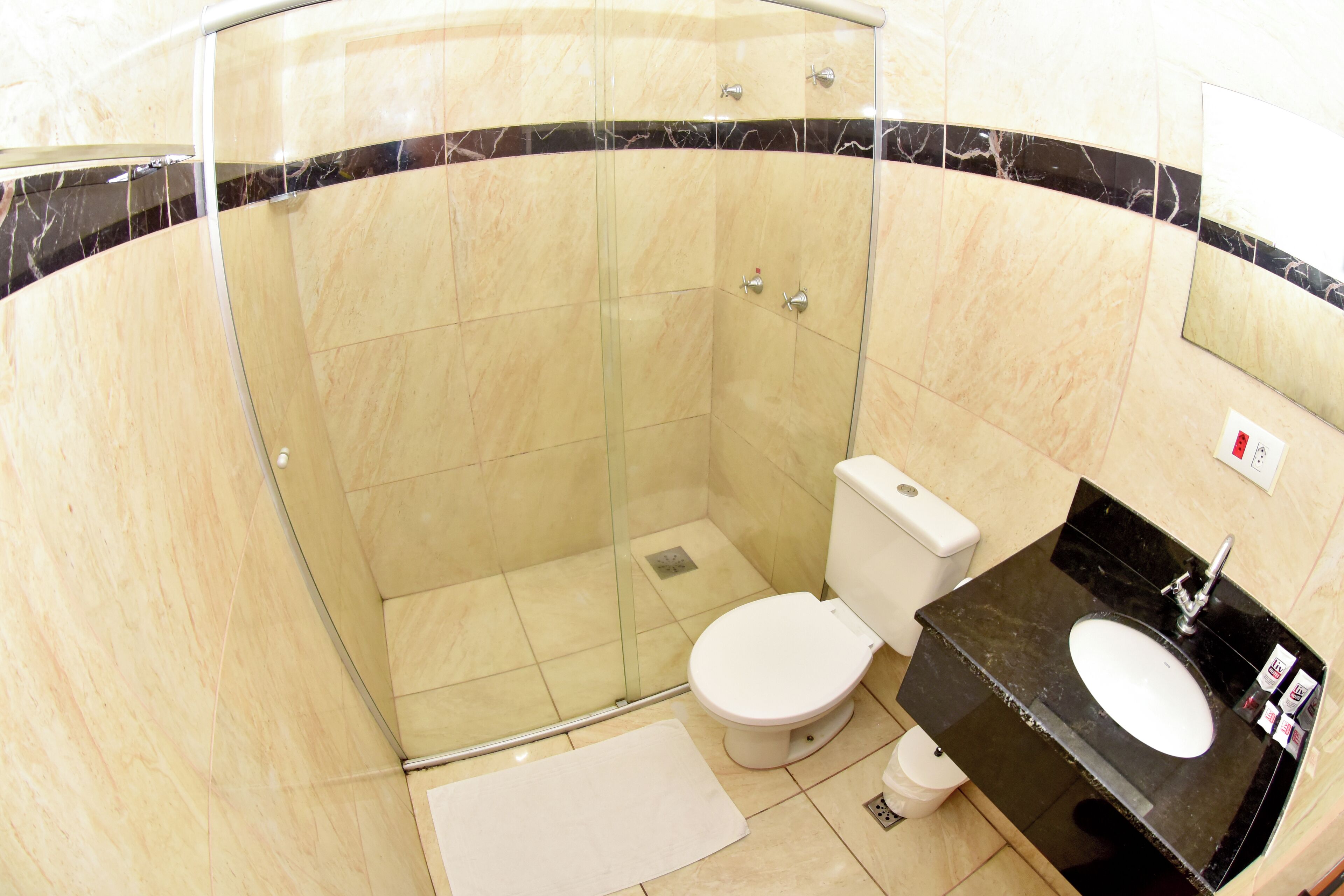 A bathroom with a glass-enclosed shower, a white toilet, and a black sink with a mirror above it.
