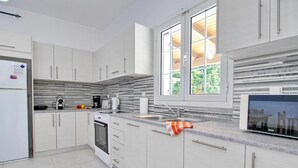 A modern kitchen with white cabinets, a built-in oven, a coffee maker, and a window with a view of greenery. - Villa Afroditi in Spartia (Kefalonia)
