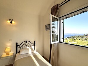 A single bed with a headboard, a bedside lamp, a window with curtains, and a view of a landscape.