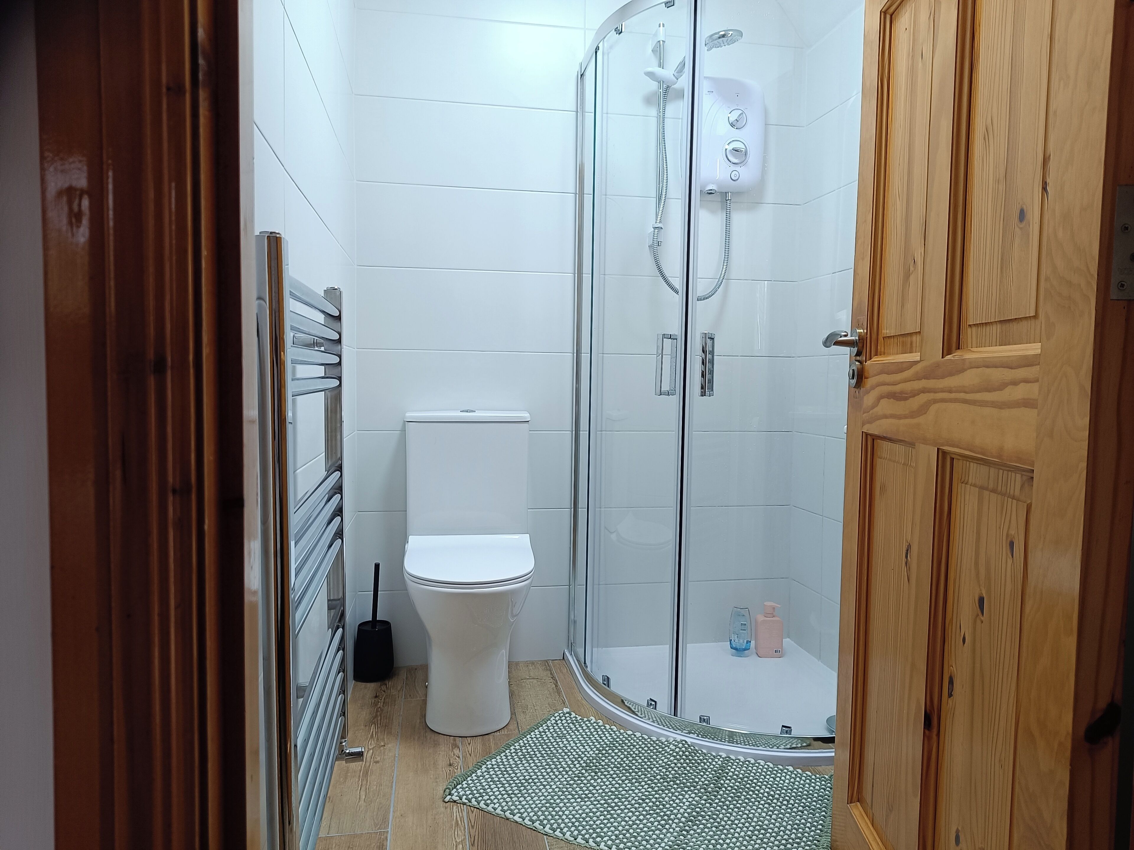 Un baño moderno con cabina de ducha de vidrio, un inodoro blanco y una puerta de madera.
