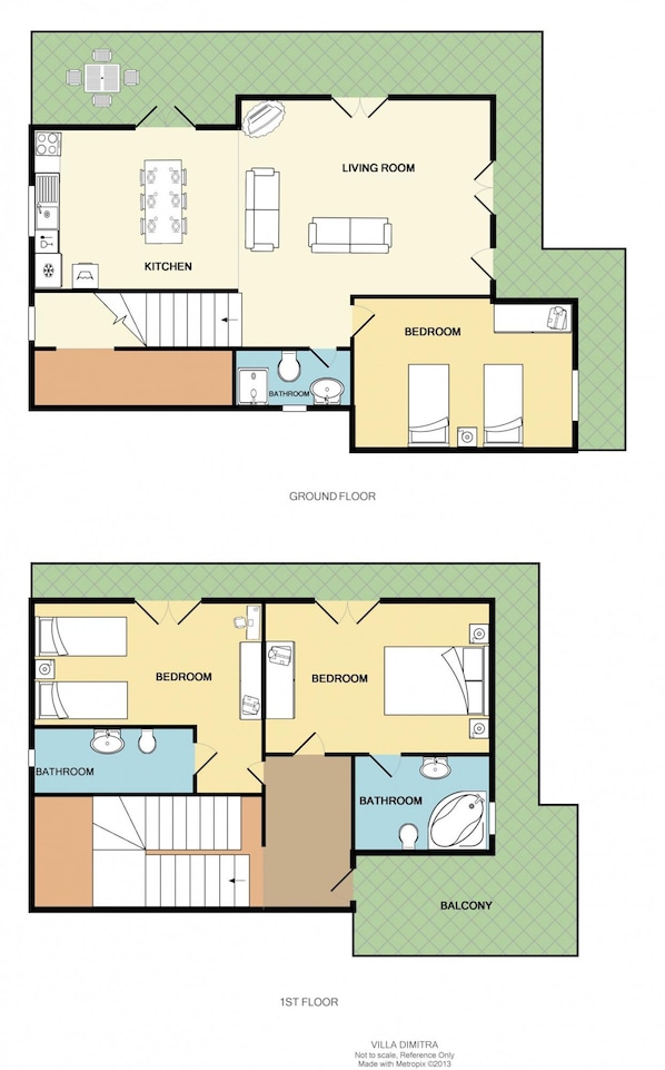 A two-story villa with a ground floor bedroom, living room, kitchen, and balcony. The first floor includes two bedrooms, a bathroom, and a balcony. - Villa Dimitra in Spartia (Kefalonia)