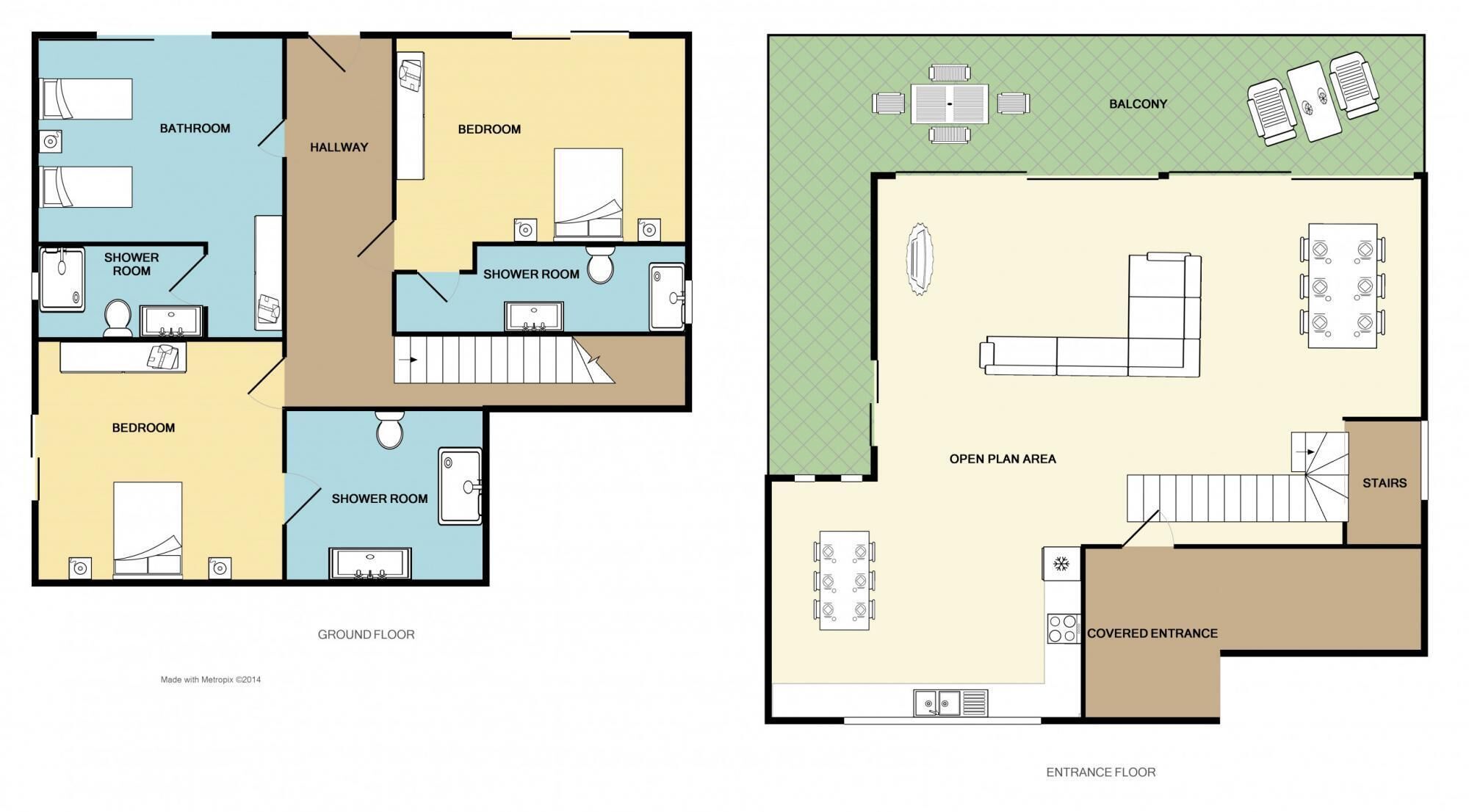 A hotel layout with a bedroom, bathroom, shower room, and open plan area.