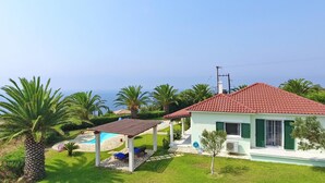 A house with a red-tiled roof, a pool, and palm trees. - Villa Ermis in Spartia (Kefalonia)