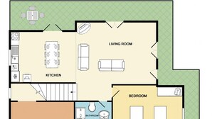 A two-floor layout with a living room, kitchen, two bedrooms, two bathrooms, and a balcony. - Villa Dionysos in Spartia (Kefalonia)